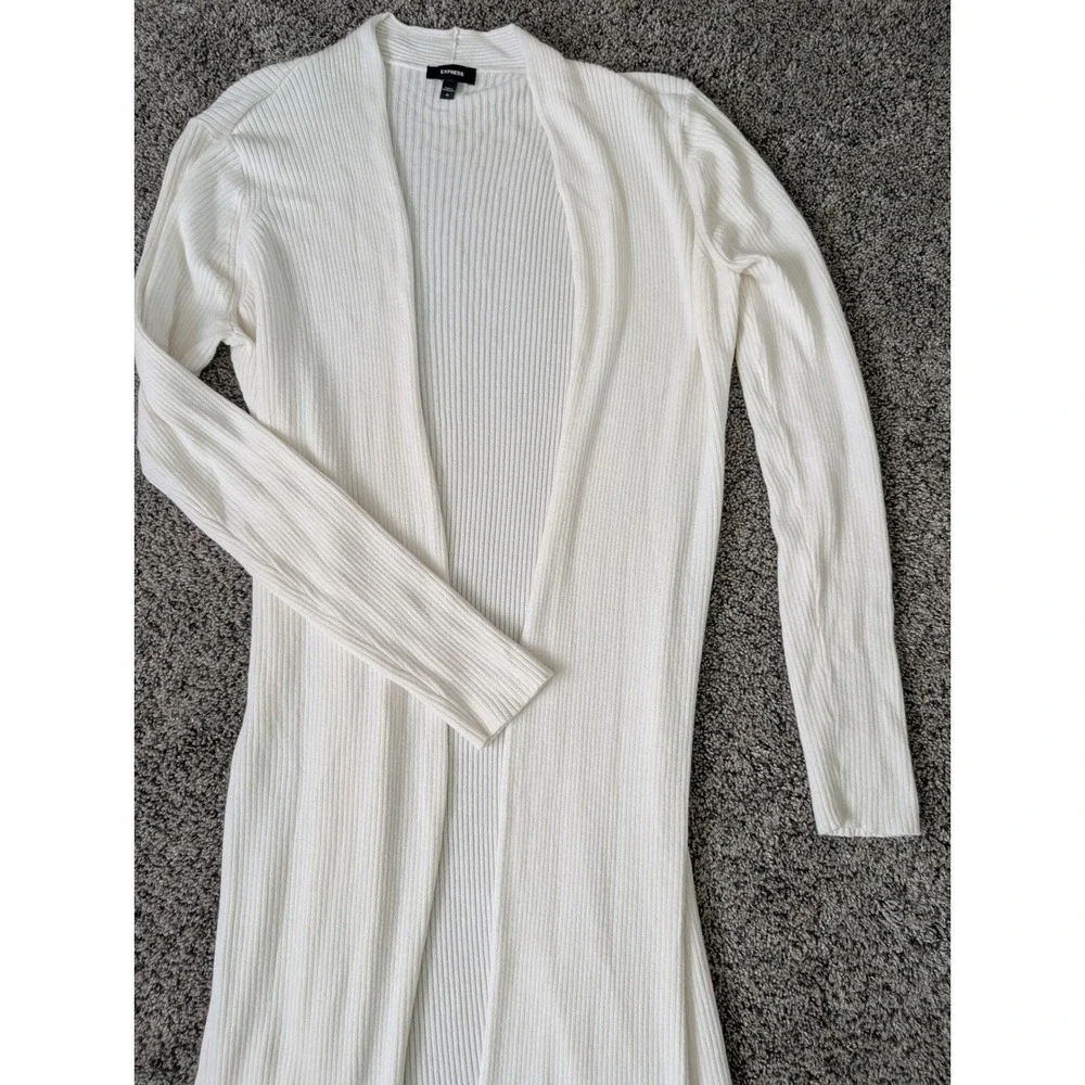 Express Womens White Ribbed Knit Maxi Duster Cardigan Open Front Long Sleeve M - Picture 3 of 4